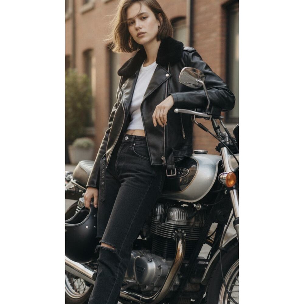 Vintage KC Collections Vegan Leather Moto Jacket Fur Collar Goth L Cropped- Bike